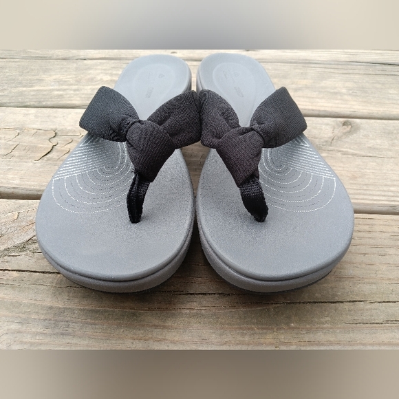 Clarks Cloudsteppers Arla Glison Fabric Wedge Sandal Black Flip Flops Size 11 - Picture 4 of 12